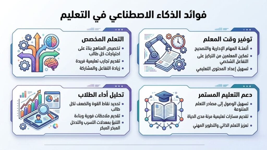 إنفوجرافيك يوضح فوائد الذكاء الاصطناعي في التعليم وتشمل: توفير وقت المعلم، التعلم المخصص، تحليل أداء الطلاب، ودعم التعليم المستمر عبر تطبيقات الذكاء الاصطناعي في التعليم.