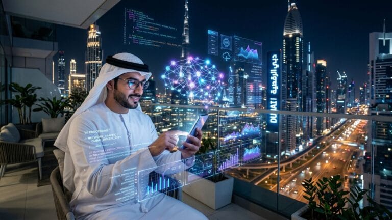 رجل أعمال يستخدم تطبيقات الذكاء الاصطناعي ومعالجة البيانات في واجهة رقمية لمدينة ذكية (دبي الرقمية).