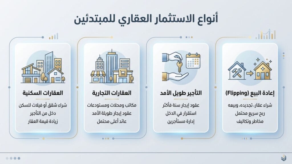 إنفوجرافيك يشرح 4 أنواع للاستثمار العقاري: السكني، التجاري، التأجير طويل الأمد، وإعادة البيع (Flipping).