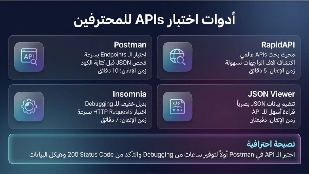 إنفوجرافيك يوضح أهم أدوات اختبار الـ APIs للمحترفين مثل Postman وRapidAPI وInsomnia.