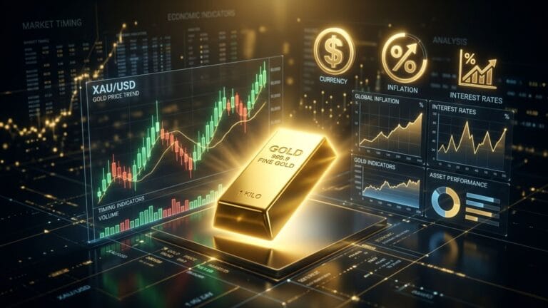 سم بياني يوضح تقلبات أسعار الذهب عالمياً مع سبيكة ذهب ومؤشرات اقتصادية.