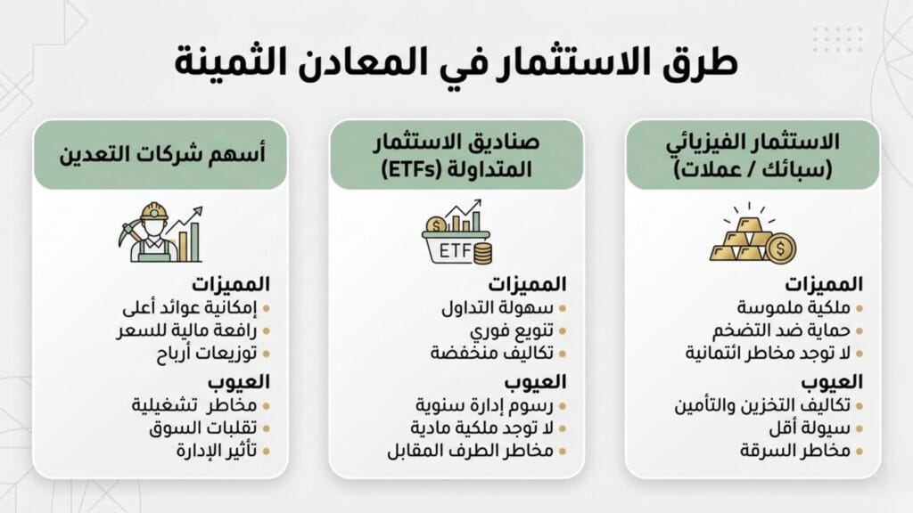 طرق الاستثمار في المعادن الثمينة: الاستثمار الفيزيائي، الصناديق المتداولة، وأسهم التعدين