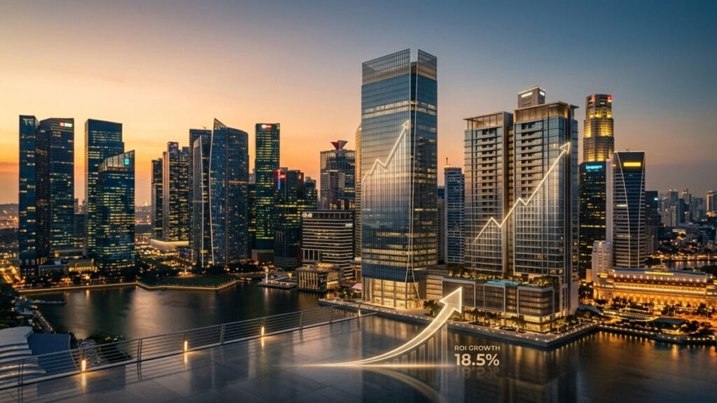 مشهد بانورامي لمدينة حديثة وقت الغروب مع رسوم بيانية صاعدة تعبر عن نمو العوائد العقارية.