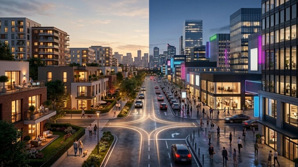 مقارنة بصرية بين حي سكني هادئ وشارع تجاري نشط في مدينة حديثة.