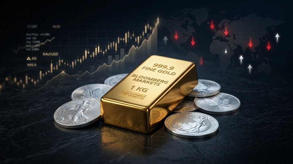 سبيكة ذهب وعملات فضية توضح الاستثمار في المعادن الثمينة كملاذ آمن