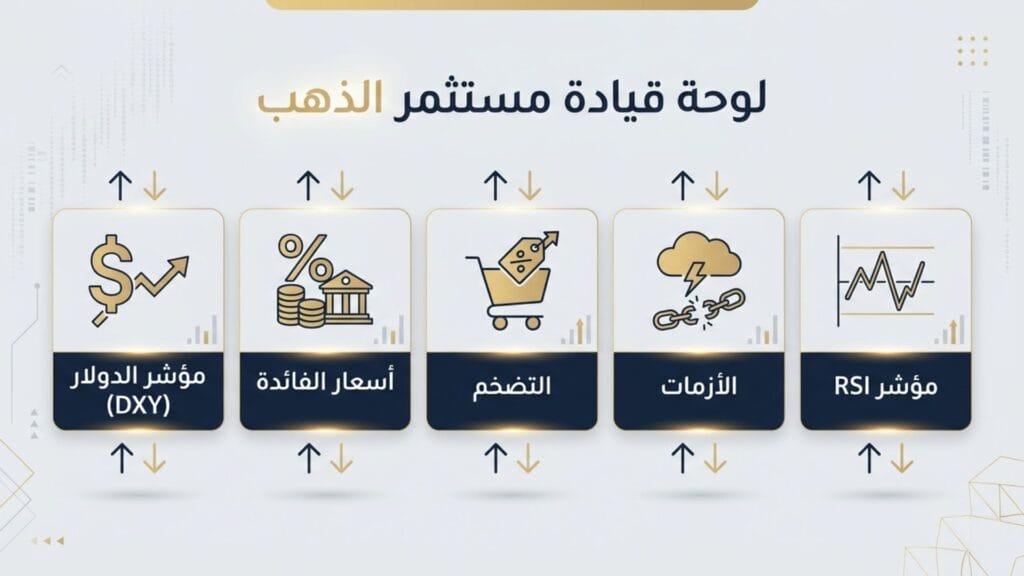 إنفوجرافيك يوضح المؤشرات الخمسة الكبرى المؤثرة في سعر الذهب: الدولار، الفائدة، التضخم، الأزمات، ومؤشر RSI.