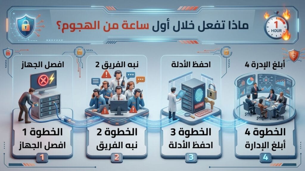 إنفوجرافيك تعليمي مقسم لأربعة أقسام أفقية يوضح خطوات الاستجابة السريعة لهجوم سيبراني. 1. افصل الجهاز (جهاز سيرفر مع فصل سلك). 2. نبه الفريق (فريق دعم فني). 3. احفظ الأدلة (طبيب سيرفر مع بصمة). 4. أبلغ الإدارة (اجتماع مجلس إدارة). مع مؤقت يحترق.