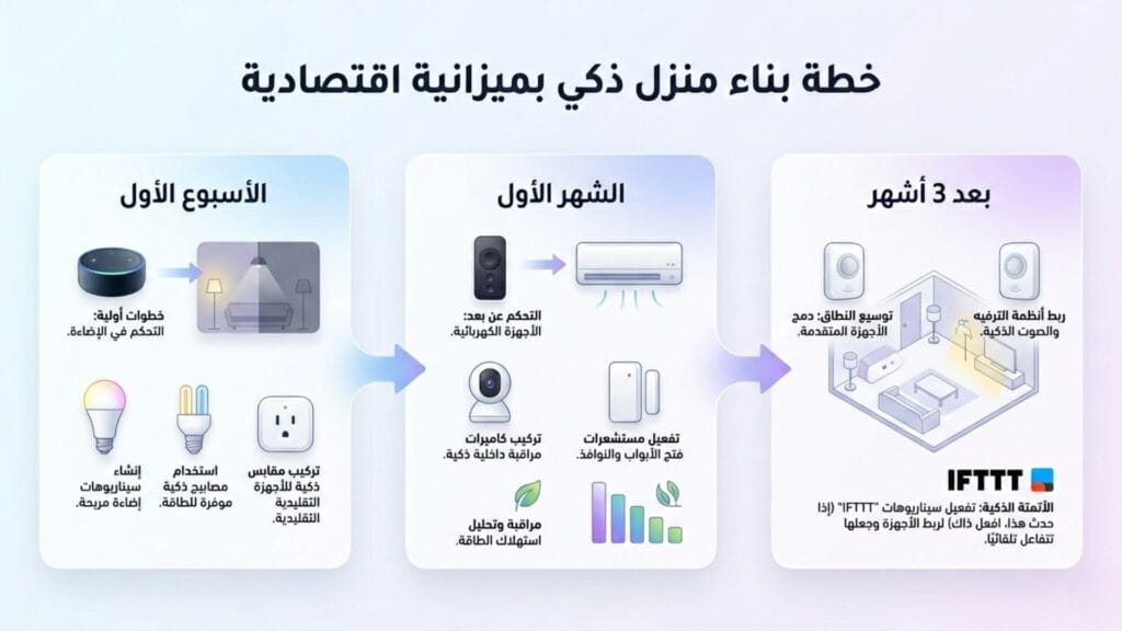 إنفوجرافيك يوضح مراحل بناء منزل ذكي بميزانية اقتصادية من الأسبوع الأول حتى 3 أشهر.