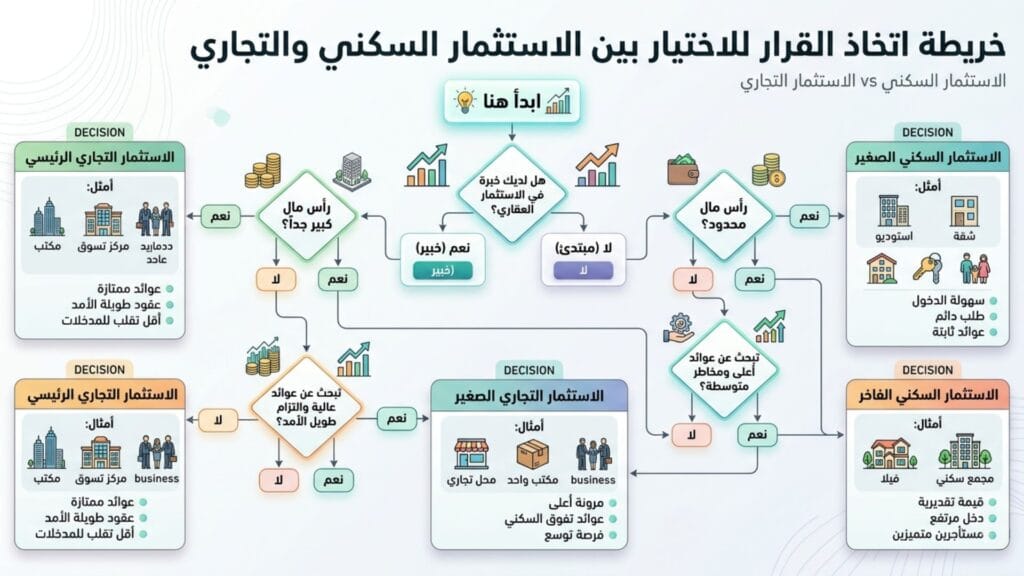خريطة تفاعلية لتخاذ القرار توضح المسارات المختلفة للاختيار بين الاستثمار العقاري السكني والتجاري.