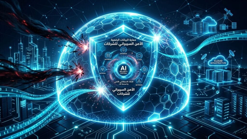 واجهة رسومية بتقنية الهولوغرام تظهر درعاً أمنياً يحمي كلاً من: قواعد البيانات (DATABASE)، والسحابة (CLOUD)، والشبكة (NETWORK)، مع عبارة "حماية البيانات الرقمية" و"الأمن السيبراني للشركات"، و"نظام الذكاء الاصطناعي الأمني". الدرع يتصدى لهجوم خارجي.