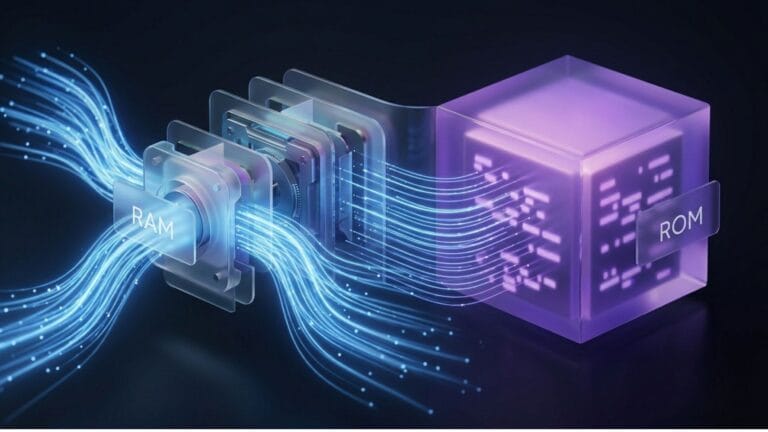 تصميم تقني يوضح الفرق بين ذاكرة RAM وذاكرة ROM في الأجهزة الذكية