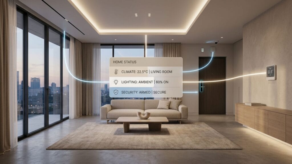 واجهة منزل ذكي حديث توضح نظام التحكم المتكامل في الإضاءة والتكييف والأمن.