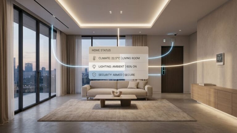 واجهة منزل ذكي حديث توضح نظام التحكم المتكامل في الإضاءة والتكييف والأمن.