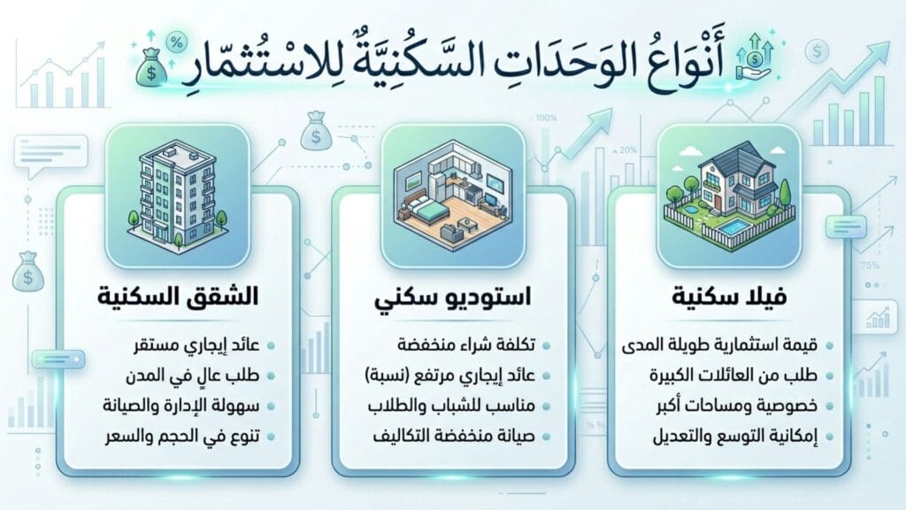 ثلاثة خيارات استثمارية سكنية رئيسية: الشقق السكنية، الاستوديو السكني، والفيلا السكنية.