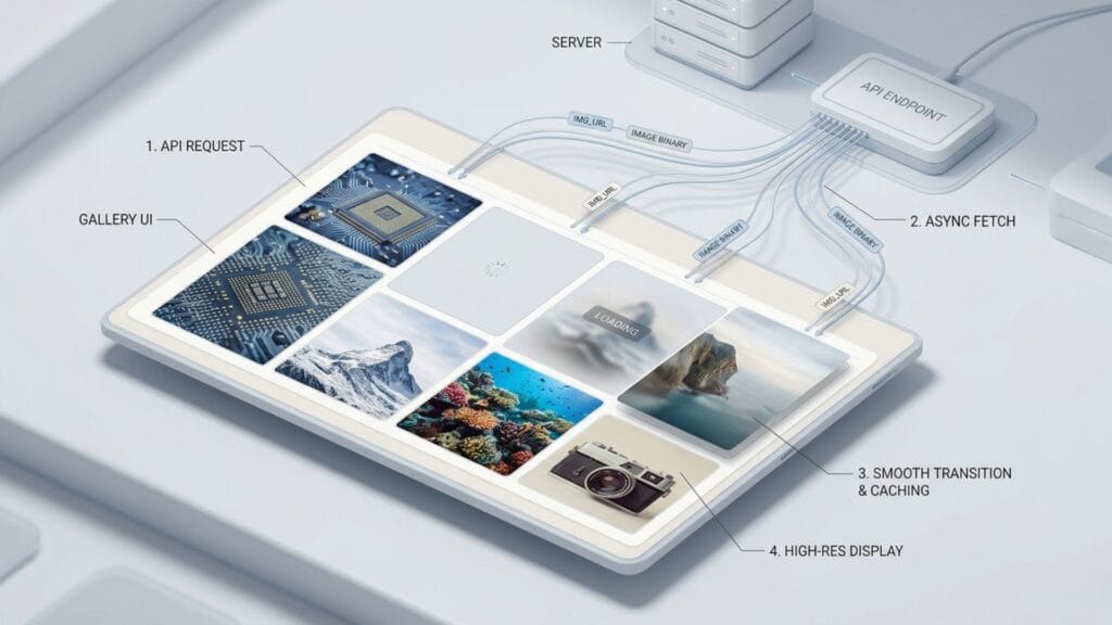 خطط تقني يوضح دورة حياة جلب الصور من Unsplash API وتخزينها المؤقت في واجهة المستخدم.