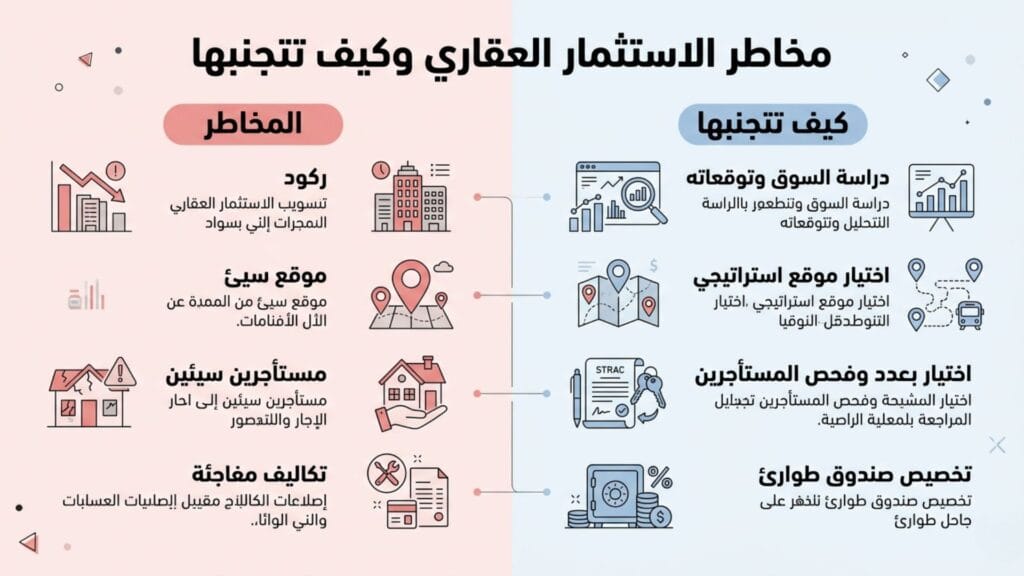 مخطط توضيحي يقارن بين مخاطر الاستثمار العقاري (ركود، موقع سيئ) وطرق تجنبها (دراسة السوق، صندوق طوارئ).