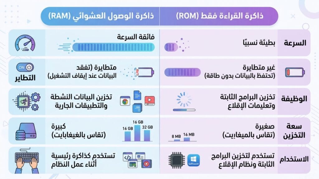 إنفوجرافيك يوضح الفرق بين RAM و ROM من حيث السرعة والتطاير والوظيفة والسعة