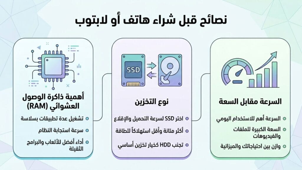 نصائح تقنية حول اختيار سعة RAM ونوع التخزين SSD عند شراء جهاز جديد