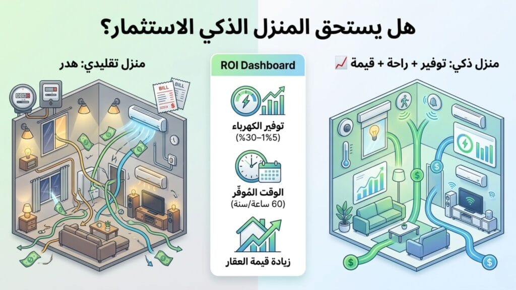 مقارنة بين المنزل التقليدي والمنزل الذكي من حيث توفير الكهرباء، الوقت، وزيادة قيمة العقار.