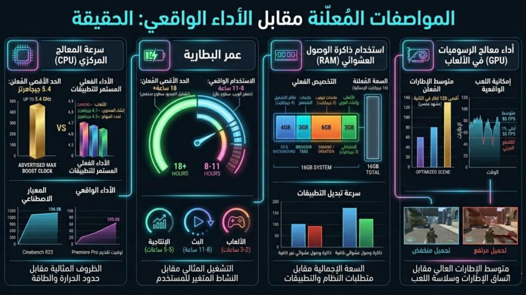 مقارنة المواصفات المعلنة مقابل الأداء الواقعي الحقيقي للمعالج والبطارية والرام وكارت الشاشة.