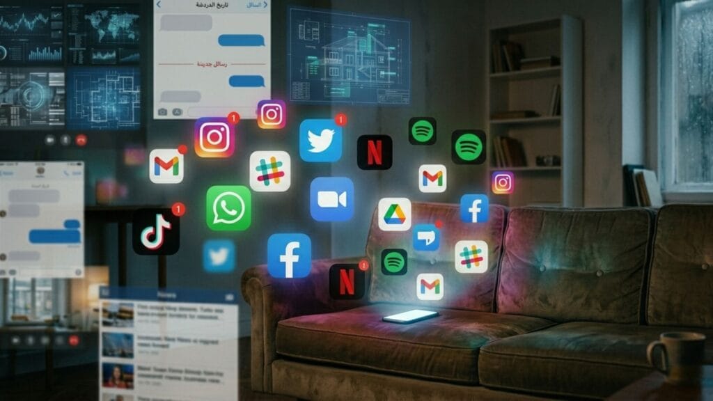 تمثيل بصري لاقتصاد التطبيقات وإدمان الهواتف الذكية يظهر أيقونات تطبيقات شهيرة مثل فيسبوك، واتساب، تيك توك، وإنستغرام تطفو فوق هاتف ذكي على أريكة في غرفة معيشة، مع واجهات عرض رقمية للبيانات والخرائط في الخلفية.