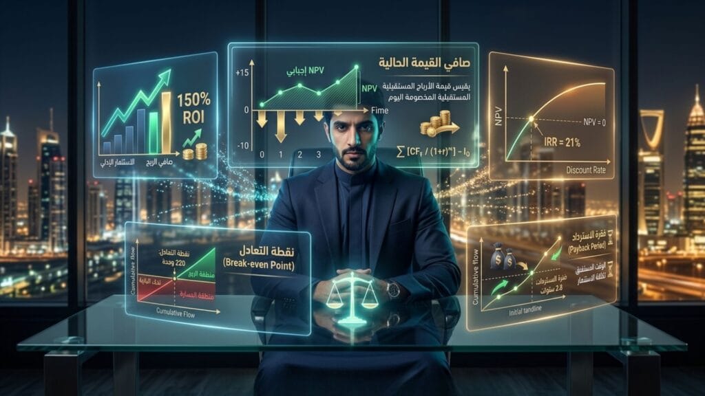 مؤشرات التحليل المالي لدراسة الجدوى تشمل صافي القيمة الحالية NPV ومعدل العائد الداخلي IRR ونقطة التعادل.