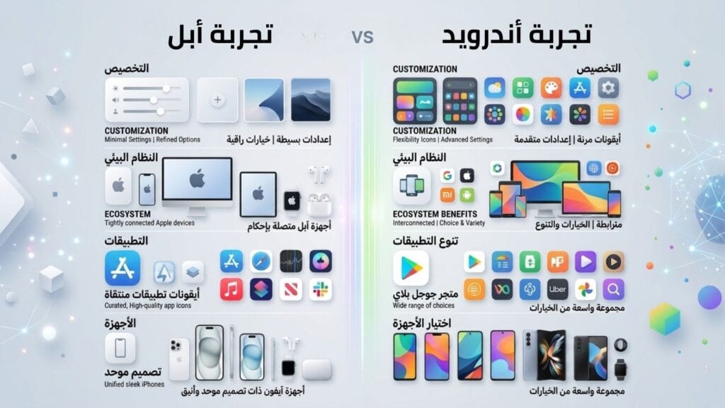 إنفوجرافيك يقارن بين تجربة أبل (iOS) وتجربة أندرويد لعام 2026، يوضح الفروق في التخصيص، النظام البيئي، تنوع التطبيقات، واختيار الأجهزة، مع استعراض لأجهزة الآيفون مقابل هواتف أندرويد المتنوعة والقابلة للطي.