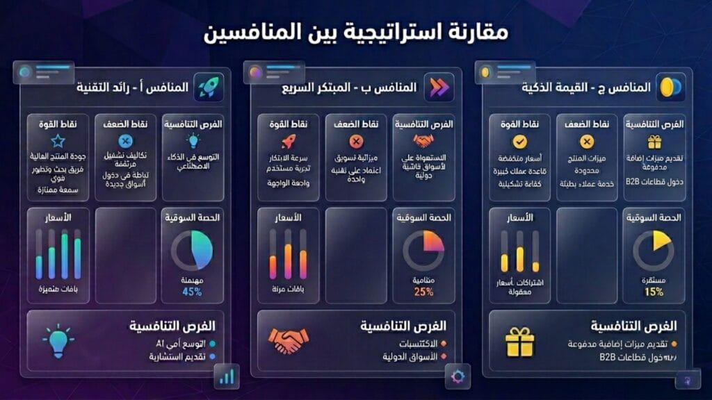 إنفوجرافيك مقارنة استراتيجية بين المنافسين توضح نقاط القوة والضعف والحصة السوقية.