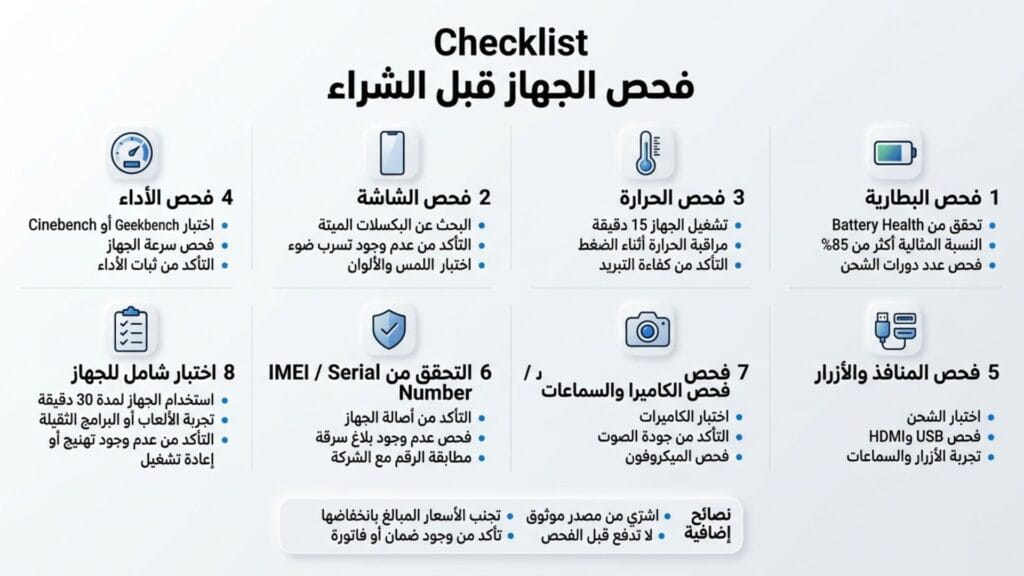 انفوجرافيك checklist يوضح 8 خطوات أساسية لفحص الهواتف واللابتوبات قبل الشراء وتشمل البطارية، الشاشة، الحرارة، والأداء.