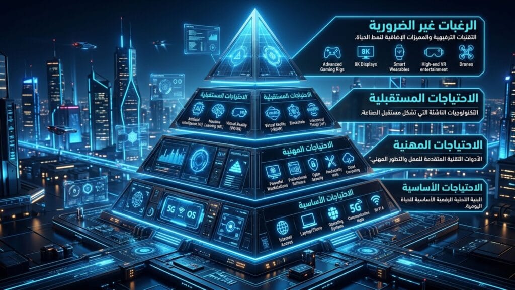 هرم تحليل احتياجات المستخدم وتصنيف المتطلبات التقنية إلى 4 مستويات.