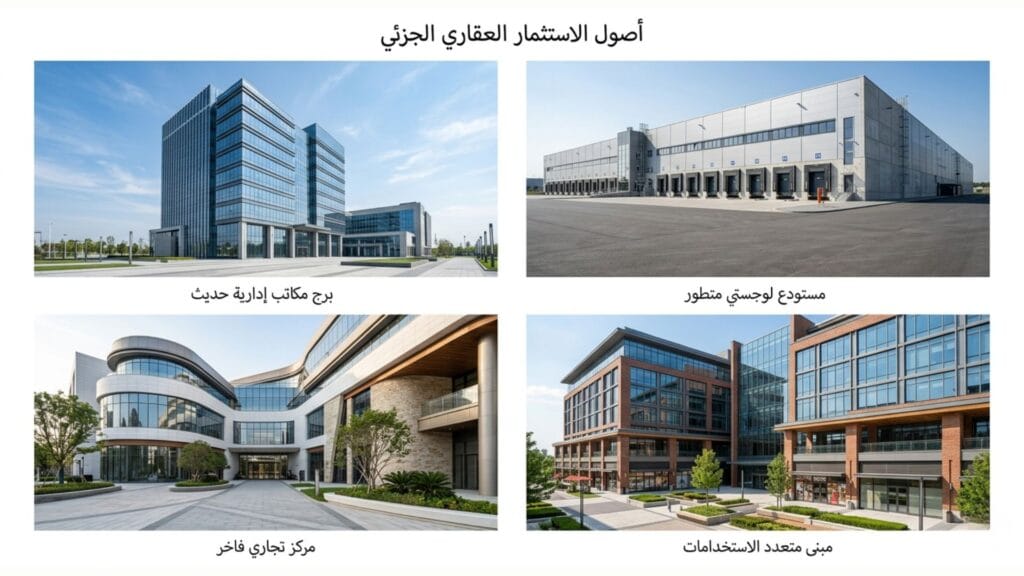 أربعة نماذج للأصول العقارية تشمل برج مكاتب، مستودع لوجستي، مركز تجاري، ومبنى متعدد الاستخدامات.