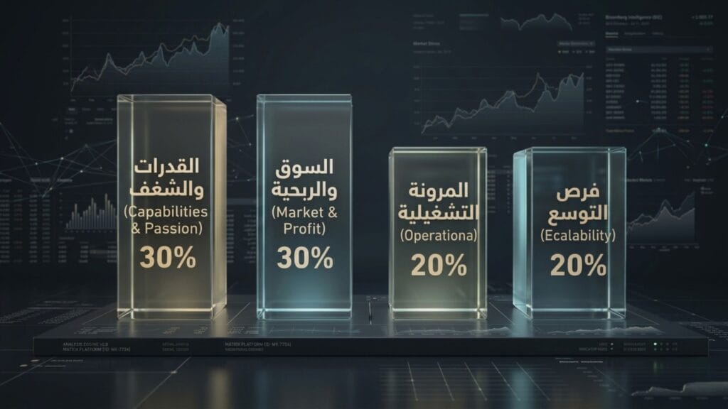 لوحة بيانات تحليلية ثلاثية الأبعاد توضح إطار تقييم الأفكار التجارية وتوزيع الأوزان النسبية للقدرات والسوق والتوسع.
