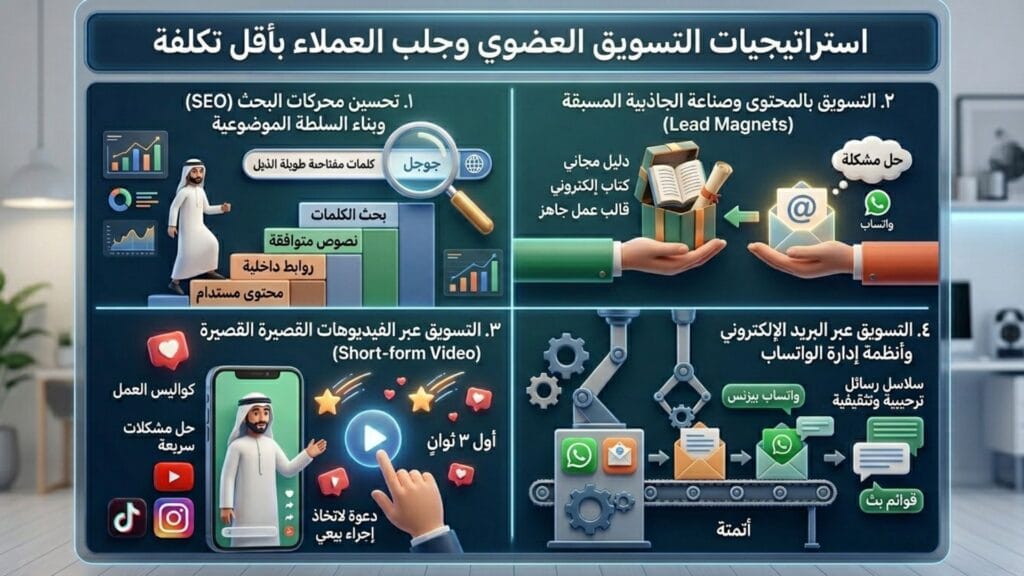 إنفوجرافيك توضيحي يستعرض أركان استراتيجيات التسويق العضوي وجلب العملاء بأقل تكلفة للمشاريع الناشئة.