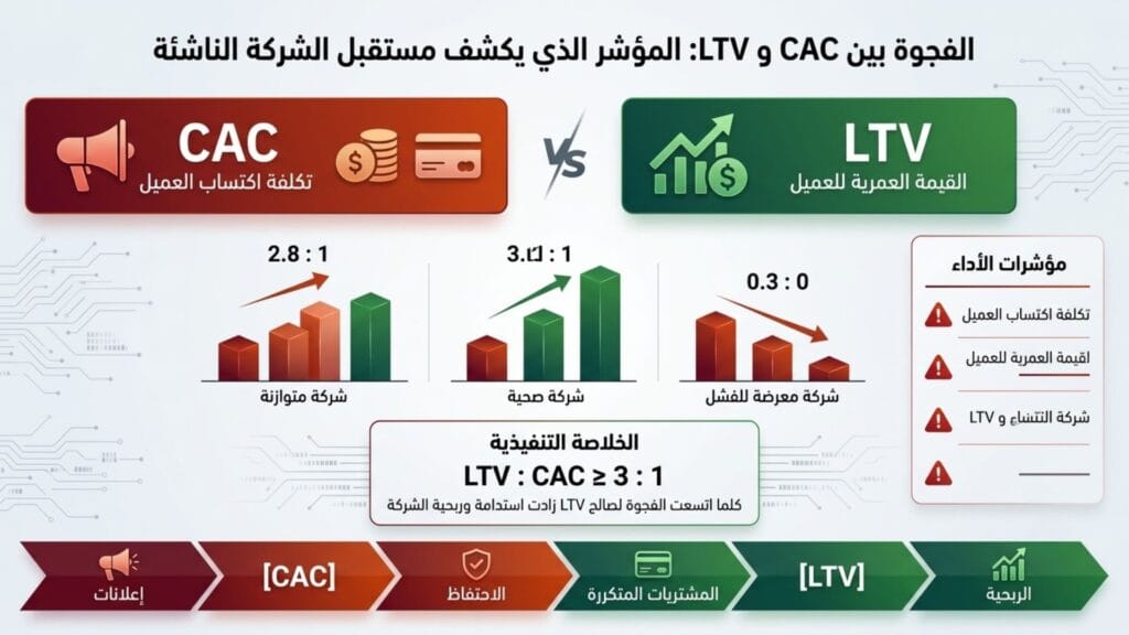 رسم بياني يوضح العلاقة بين تكلفة اكتساب العميل CAC والقيمة العمرية للعميل LTV وأثرها على ربحية واستدامة الشركات الناشئة.