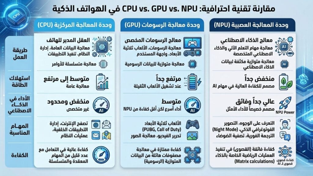 إنفوجرافيك يوضح الفرق بين المعالج المركزي CPU ومعالج الرسوميات GPU ووحدة المعالجة العصبية NPU في الهواتف الذكية من حيث الأداء واستهلاك الطاقة.