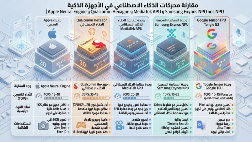 إنفوجرافيك يقارن بين محركات الذكاء الاصطناعي NPU في الهواتف مثل محرك آبل العصبي ومعالجات كوالكوم وميديا تيك وسامسونج وجوجل تينسور.