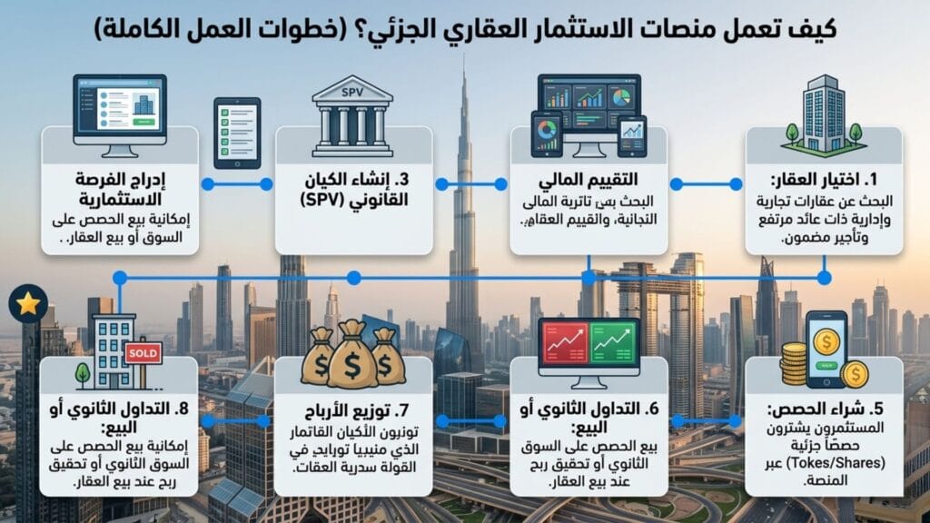 إنفوجرافيك يوضح خطوات عمل منصات الاستثمار العقاري الجزئي بداية من اختيار العقار وحتى توزيع الأرباح.