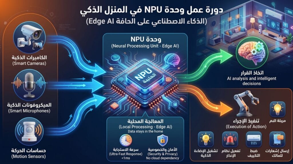 إنفوجرافيك يوضح تدفق البيانات من المستشعرات إلى وحدة NPU ثم تنفيذ الإجراءات الذكية في المنزل.