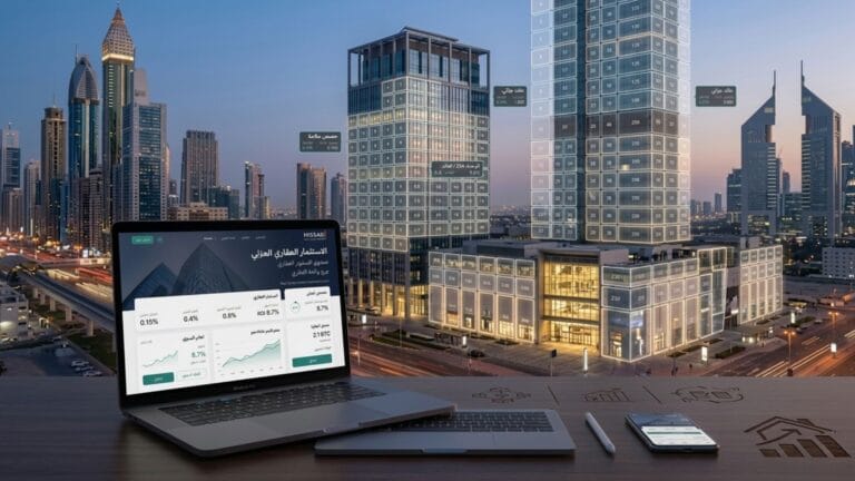 حاسوب محمول يعرض منصة رقمية للاستثمار العقاري الجزئي مع خلفية لأبراج تجارية تظهر عليها نسب تقسيم الملكية.