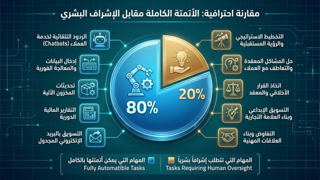 مخطط بياني يوضح نسبة أتمتة التجارة الإلكترونية بالذكاء الاصطناعي بنسبة 80% للمهام التشغيلية مقابل 20% للإشراف البشري الاستراتيجي.