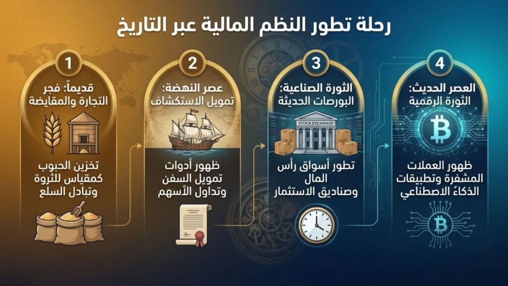 إنفوجرافيك يوضح رحلة تطور النظم المالية عبر التاريخ في 4 مراحل: المقايضة وتخزين الحبوب، تمويل السفن في عصر النهضة، الثورة الصناعية والبورصات، وصولاً إلى العملات الرقمية في العصر الحديث.
