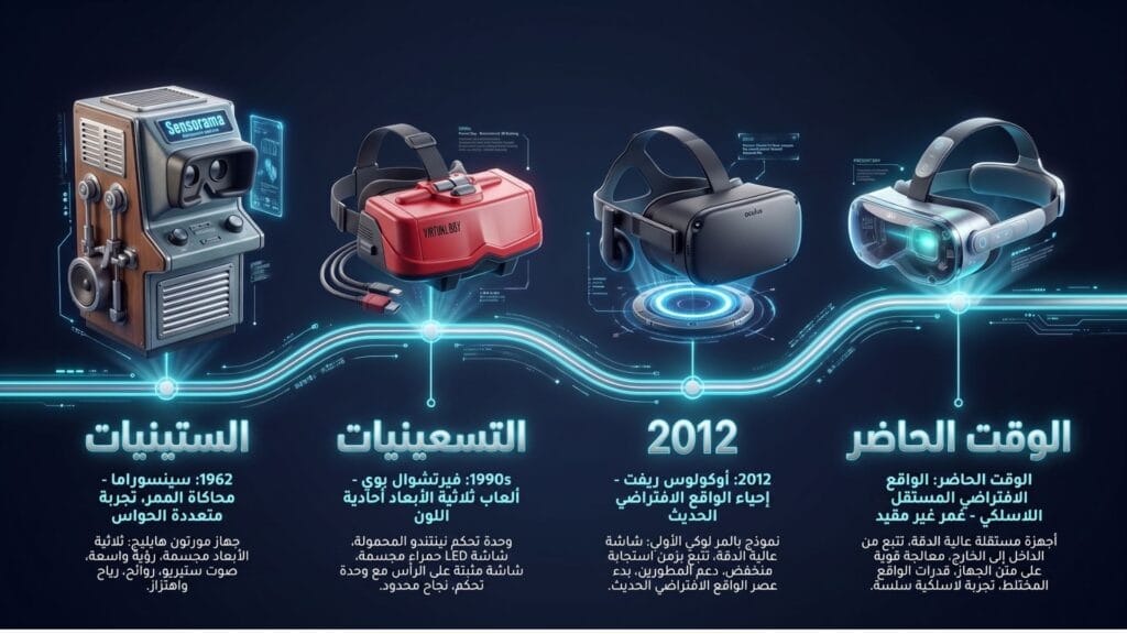 مخطط زمني لرحلة تطور الواقع الافتراضي من جهاز سينسوراما في الستينيات إلى النظارات المستقلة الحديثة.