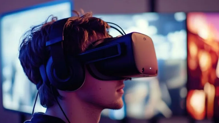شخص يرتدي نظارة الواقع الافتراضي (VR) وينغمس في تجربة رقمية ثلاثية الأبعاد.