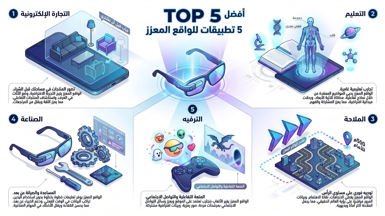 إنفوجرافيك يعرض أهم 5 تطبيقات للواقع المعزز في التجارة الإلكترونية والتعليم والملاحة والصناعة والترفيه.