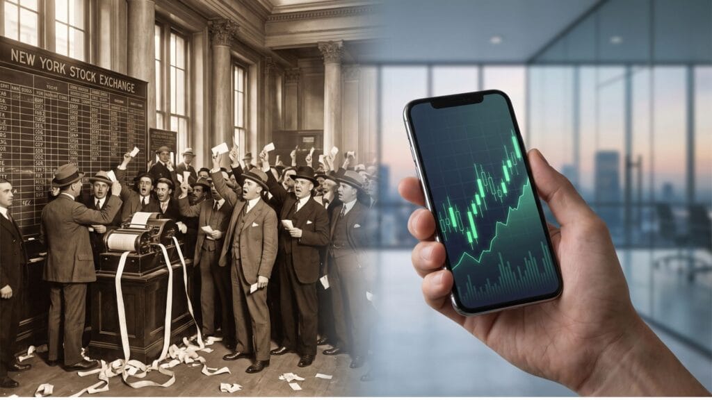 مقارنة بصرية لتطور البورصة من صالات التداول التقليدية القديمة المزدحمة إلى التداول الإلكتروني الحديث عبر الهواتف الذكية.