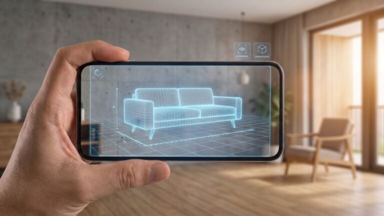 شاشة هاتف ذكي تعرض نموذجاً ثلاثي الأبعاد لأريكة بتقنية الواقع المعزز داخل غرفة معيشة حقيقية.