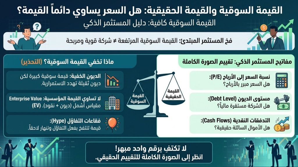 إنفوجرافيك يقارن بين القيمة السوقية والقيمة الحقيقية للشركات، ويوضح معايير المستثمر الذكي في تحليل الأسهم.