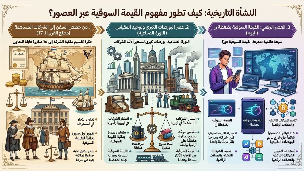 إنفوجرافيك يوضح التطور التاريخي لمفهوم القيمة السوقية من حصص السفن في القرن السابع عشر إلى العصر الرقمي الحديث.
