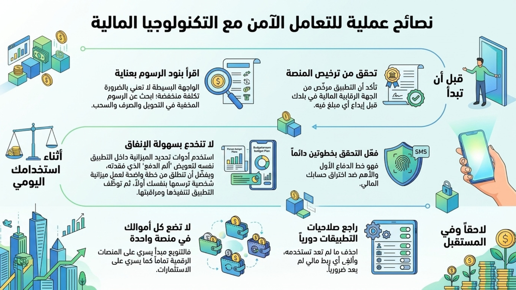 انفوجرافيك تفصيلي يوضح تصنيفات وأنواع التكنولوجيا المالية الستة الرئيسية: المدفوعات الرقمية، البنوك الرقمية، التمويل البديل، الأمن المالي، التأمين التقني، والاستثمار الرقمي، مع أيقونات وشروحات.