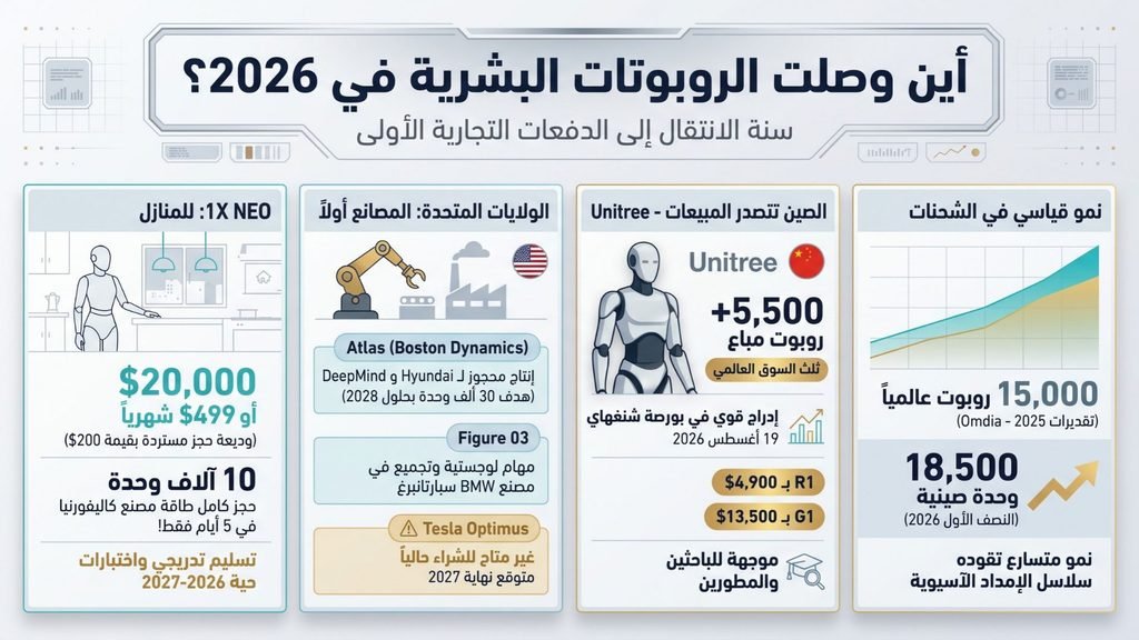 إنفوجراف يلخص حالة الروبوتات البشرية في 2026: نمو الشحنات عالمياً، وتصدر الصين عبر Unitree، والمصانع أولاً في الولايات المتحدة، وروبوت 1X NEO للمنازل